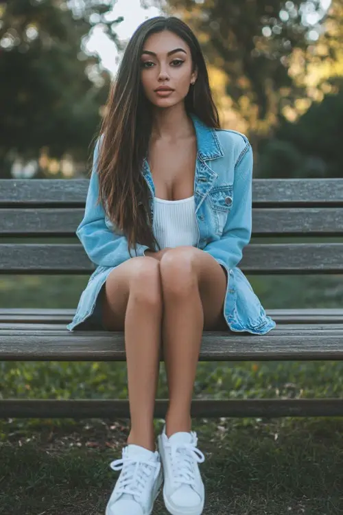 A woman in a fitted denim jacket, white mini dress, and white sneakers, sitting on a park bench while smiling at the camera