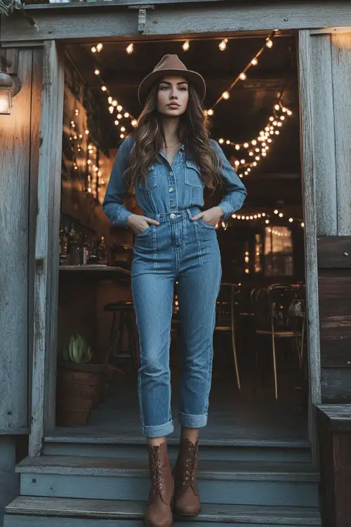 A woman in a fitted denim jumpsuit, brown ankle boots, and a fedora hat, standing outside a rustic-style restaurant with string lights