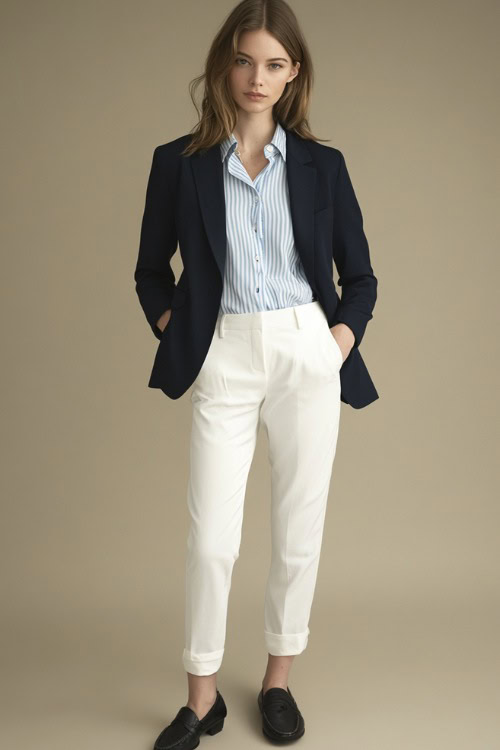 A woman in a fitted navy blue blazer over a light blue striped button-up, paired with cropped white trousers and black loafers