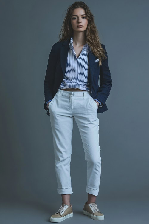 A woman in a fitted navy blue blazer over a light blue striped button-up, paired with cropped white trousers and leather sneakers