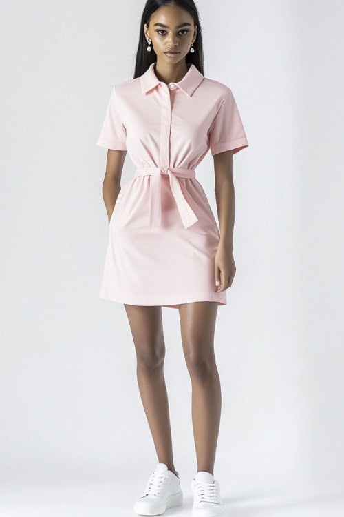 A woman in a fitted pastel pink polo dress with a belted waist, accessorized with pearl stud earrings and white sneakers