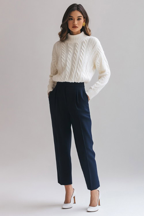 A woman in a fitted white cable-knit sweater tucked into high-waisted navy blue trousers, accessorized with ballet flats