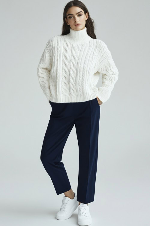 A woman in a fitted white cable-knit sweater tucked into high-waisted navy blue trousers, accessorized with white sneakers