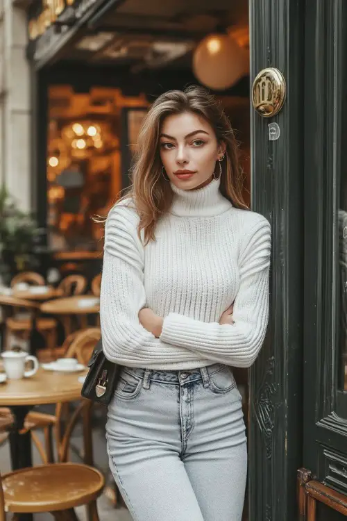 A woman in a fitted white ribbed sweater, high-waisted jeans, and ankle boots, carrying a crossbody bag while standing outside a cozy café,