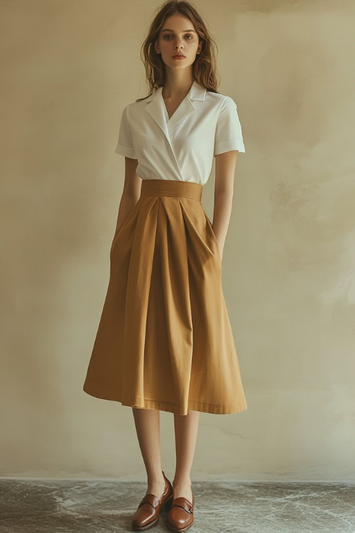 A woman in a high-waisted beige wrap skirt paired with a classic white polo top, accessorized with brown leather loafers