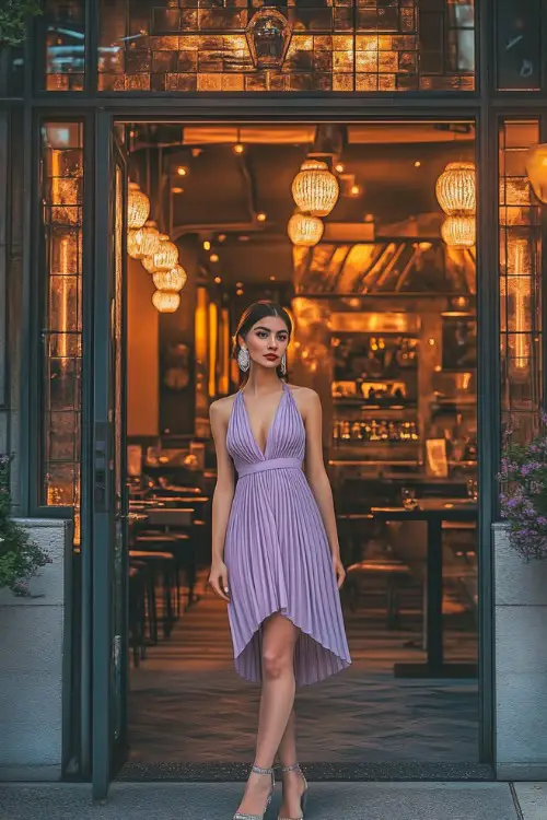 A woman in a lavender A-line dress, silver heels, and statement earrings, standing in front of a luxury restaurant with glowing ambiance