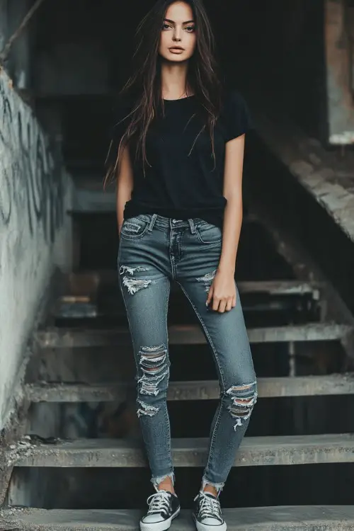 A woman in a loose black T-shirt, ripped skinny jeans, and Converse sneakers