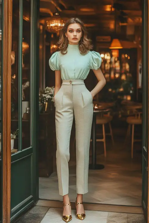 A woman in a mint green puff-sleeve top, high-waisted linen trousers, and gold flats, standing near a warmly lit restaurant entrance (2)