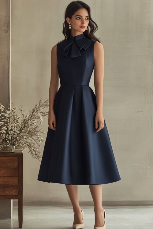 A woman in a navy blue A-line midi dress with a structured collar, accessorized with pearl drop earrings and beige pointed-toe flats