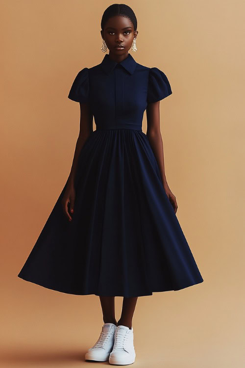 A woman in a navy blue A-line midi dress with a structured collar, accessorized with pearl drop earrings and white sneakers