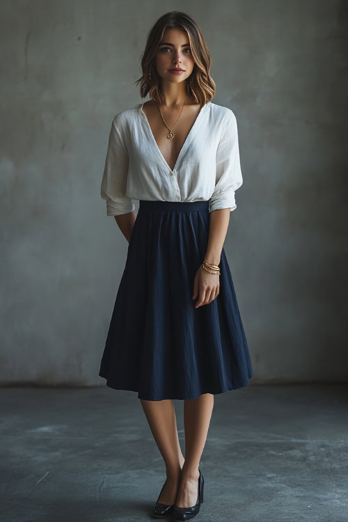 A woman in a navy blue A-line midi skirt with a white linen blouse, accessorized with gold jewelry and black ballet flats