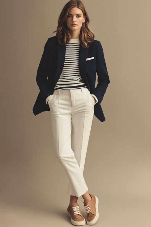 A woman in a navy blue blazer over a striped sweater, paired with slim white trousers and leather sneakers