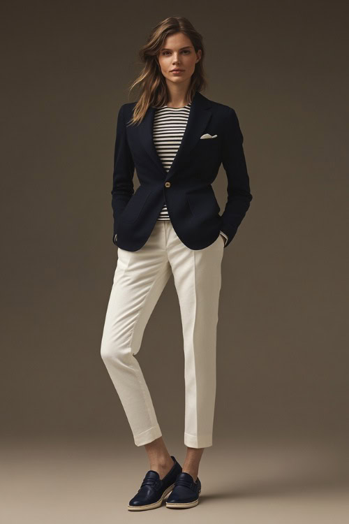 A woman in a navy blue blazer over a striped sweater, paired with slim white trousers and navy blue loafers