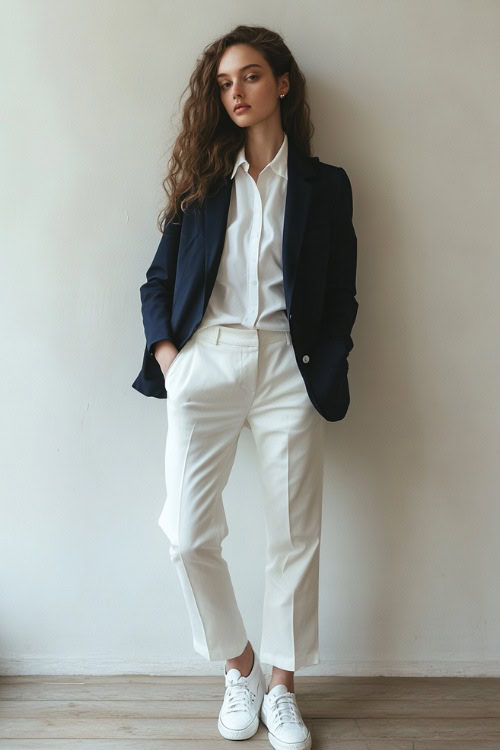 A woman in a navy blue blazer over a white button-up shirt, paired with slim white trousers and classic white sneakers