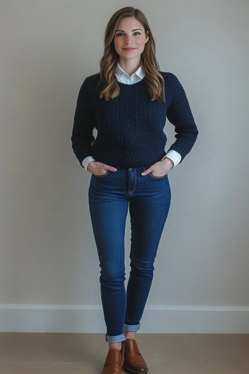 A woman in a navy blue cable-knit sweater over a white button-up shirt, paired with straight-leg blue jeans and brown leather loafers