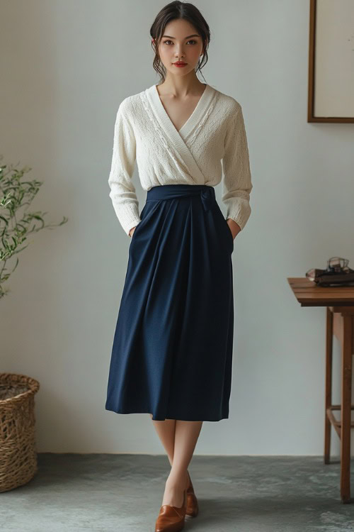 A woman in a navy blue midi wrap skirt paired with a fitted white knit sweater, styled with brown leather loafers