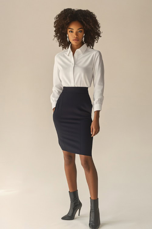 A woman in a navy blue pencil skirt with a structured white button-up blouse, styled with pearl earrings and ankle boots