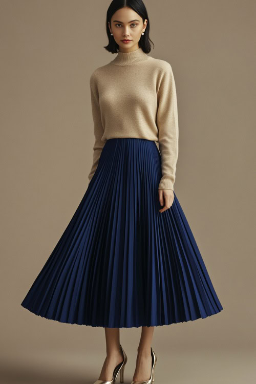 A woman in a navy blue pleated maxi skirt with a fitted beige cashmere sweater, accessorized with pearl stud earrings and pumps