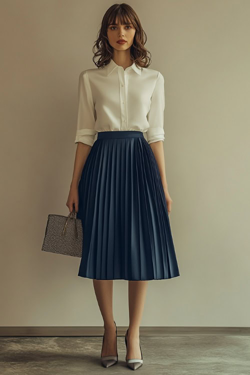 A woman in a navy blue pleated midi skirt paired with a white button-up blouse, styled with ballet flats and a structured handbag