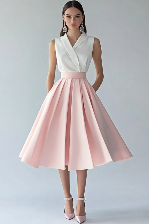 A woman in a pastel pink A-line midi skirt with a belted waist, accessorized with pearl drop earrings and slingback heels