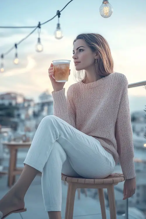 A woman in a pastel pink knit sweater, white linen pants, and beige sandals, sipping iced tea at a casual rooftop dining area with string lights