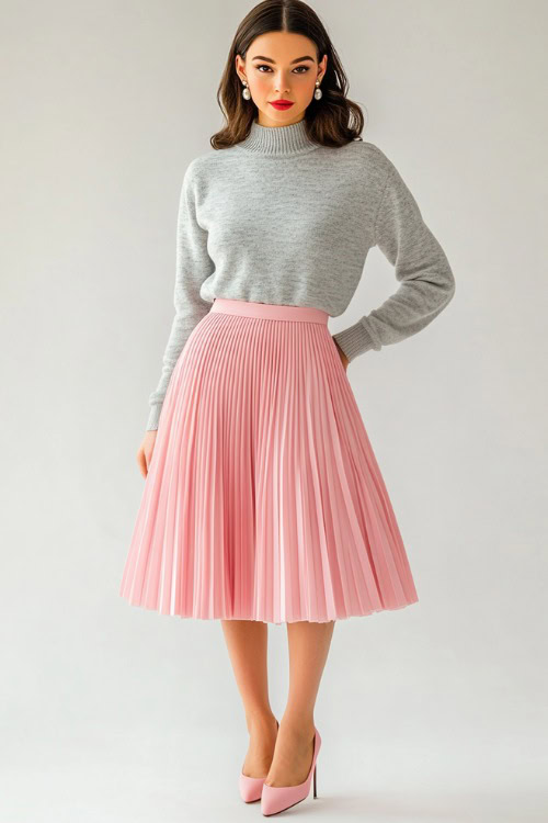 A woman in a pastel pink pleated midi skirt paired with a light gray cashmere sweater, styled with pearl drop earrings and heels