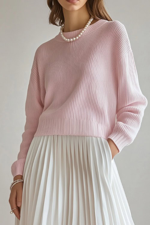 A woman in a pastel pink ribbed sweater paired with a white pleated midi skirt, styled with pearl jewelry and ballet flats