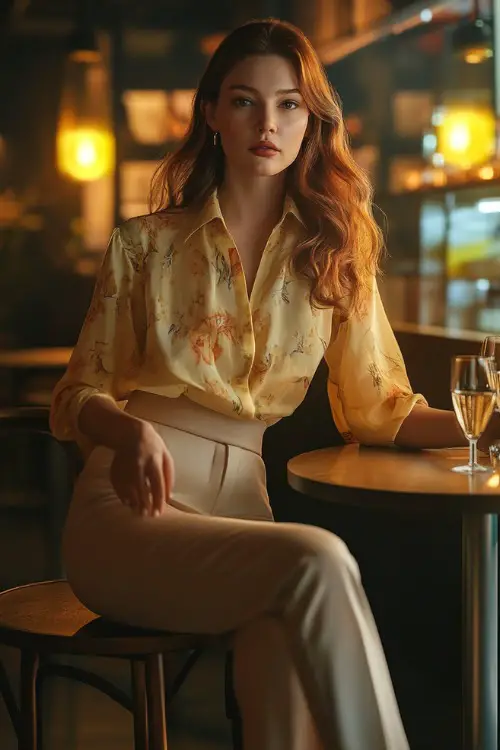 A woman in a pastel yellow floral blouse, beige straight-leg trousers, and flat mules, sitting at a dimly lit restaurant table with a casual ambiance