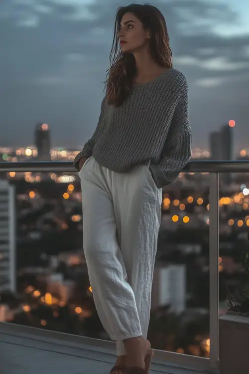 A woman in a relaxed gray sweater, white linen pants, and slip-on loafers, standing on a balcony overlooking a city view at night