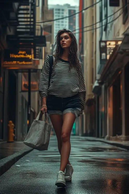 A woman in a striped oversized shirt, biker shorts, and chunky sneakers, carrying a tote bag while walking down a quiet urban street