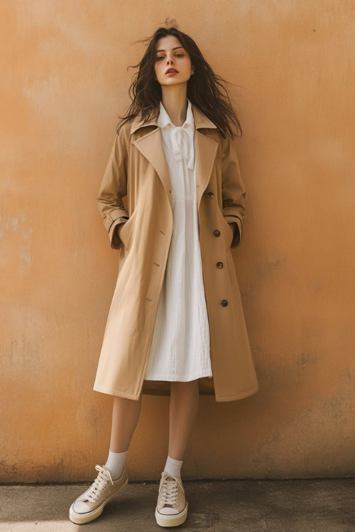 A woman in a tailored camel trench coat over a white linen midi dress, styled with beige canvas sneakers