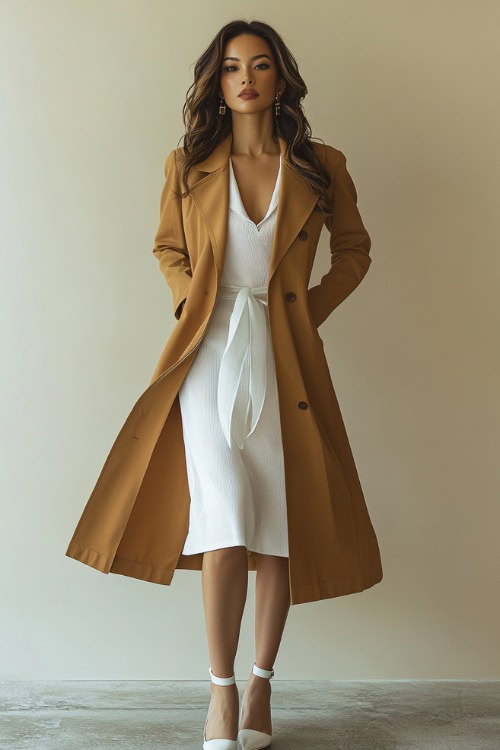 A woman in a tailored camel trench coat over a white linen midi dress, styled with pointed-toe pumps (2)