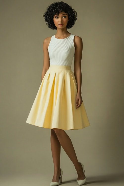 A woman in a tailored pastel yellow A-line skirt paired with a white ribbed tank top, accessorized with heels (2)