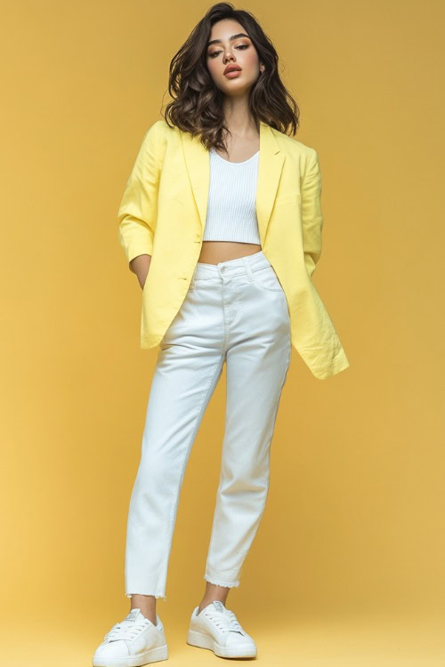 A woman in a tailored pastel yellow blazer over a white ribbed tank top, paired with cropped white jeans and classic sneakers