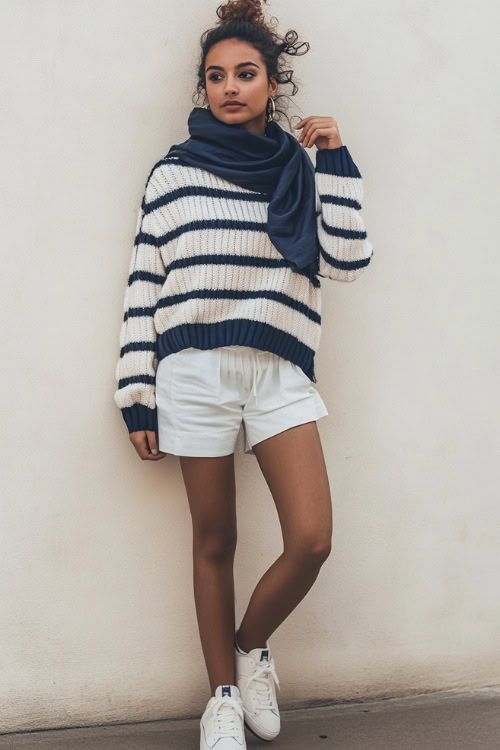 A woman in a white and navy striped sweater paired with tailored white shorts, accessorized with a silk scarf and low-top sneakers