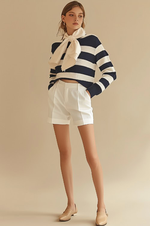 A woman in a white and navy striped sweater paired with tailored white shorts, accessorized with a silk scarf and tan loafers