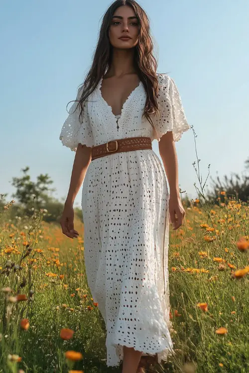 A woman in a white eyelet maxi dress, woven belt, and flat sandals, walking through a field of wildflowers with a gentle breeze