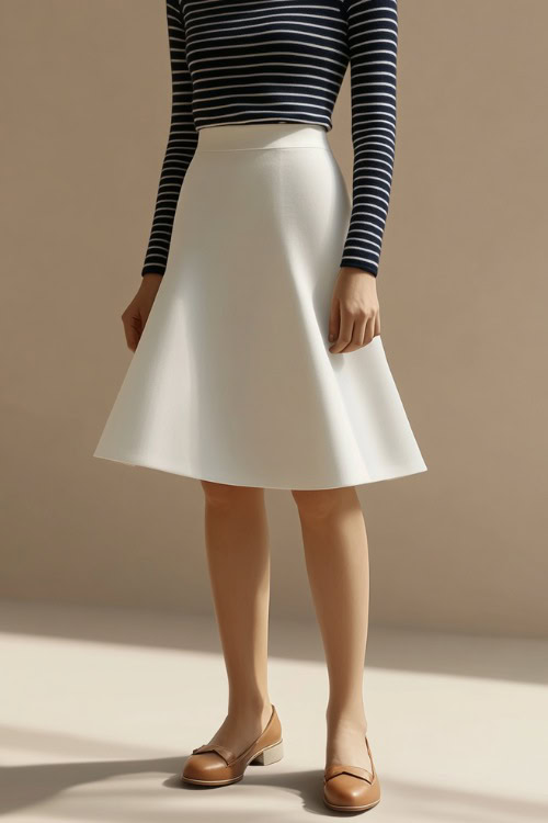 A woman in a white high-waisted midi skirt with a navy blue striped turtleneck, accessorized with tan loafers