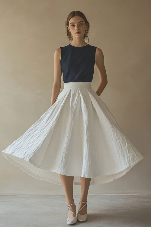 A woman in a white linen A-line skirt with a high waist, styled with a navy blue sleeveless sweater and ballet flats