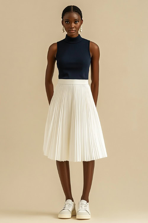 A woman in a white pleated midi skirt paired with a navy blue sleeveless top, accessorized with pearl earrings and sneakers