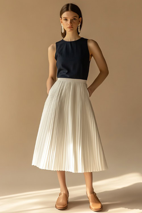 A woman in a white pleated midi skirt paired with a navy blue sleeveless top, accessorized with pearl earrings and tan loafers