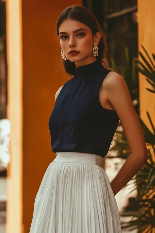 A woman in a white pleated midi skirt paired with a navy blue sleeveless top, accessorized with pearl earrings