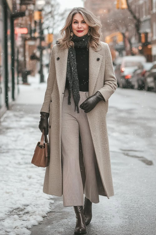 A woman over 40 dressed for a winter date night in a long wool coat layered over a fitted turtleneck sweater and high-waisted wide-leg trousers