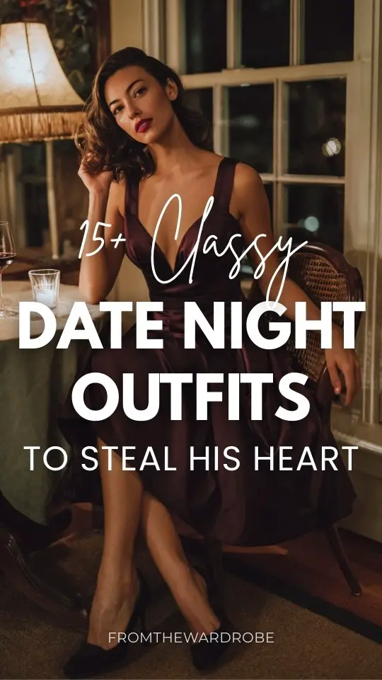 A woman over 40 wears a classy date night outfit with a dark plum crepe dress with a fitted bodice and pleated skirt, paired with black pumps (1)