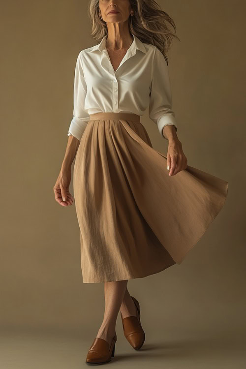 A woman over 50 years old in a camel-colored midi wrap skirt paired with a white collared shirt