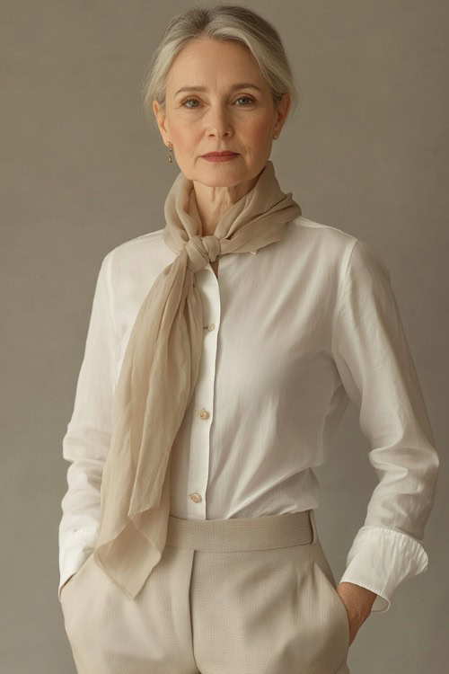 A woman over 50 years old in a classic white button-up shirt tucked into high-waisted tailored beige trousers