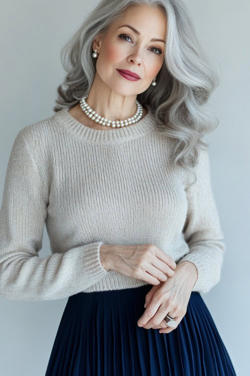 A woman over 50 years old in a fitted beige sweater paired with a navy blue pleated midi skirt