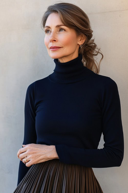 A woman over 50 years old in a fitted navy blue turtleneck sweater paired with a pleated midi skirt and brown leather loafers