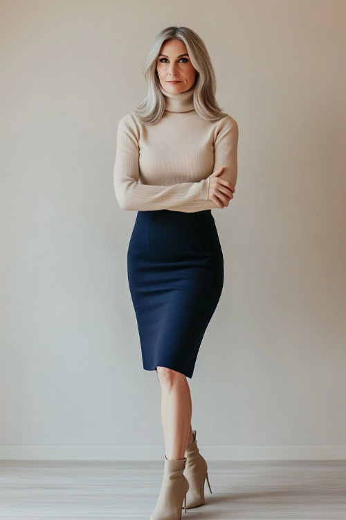 A woman over 50 years old in a navy blue high-waisted pencil skirt with a fitted beige turtleneck sweater