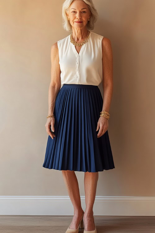 A woman over 50 years old in a navy blue pleated midi skirt paired with a white sleeveless blouse, accessorized with gold jewelry and tan ballet flats